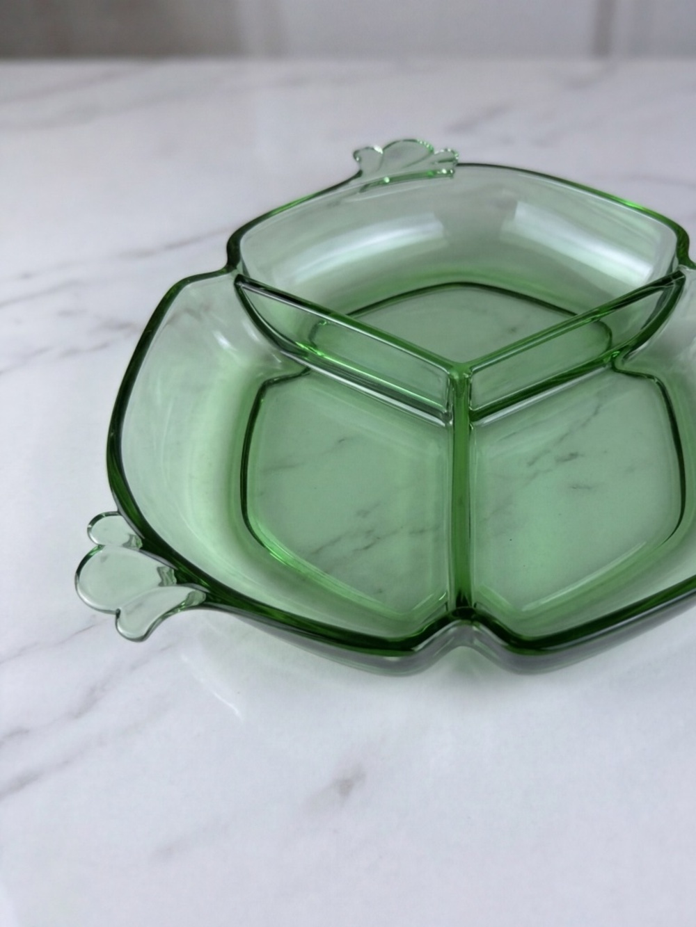 Vintage Green Glass Divided Serving Dish Clover Shape Anchor Hocking Style
